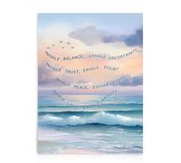 Dazzlewall Affiche Murale de Santé Mentale, Blue Beach Coastal Calming Affiche Positive Inhaler Expirer Thérapie Impression de Décoration Murale de Bureau, 12x16 pouce Non Encadré
