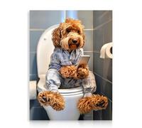 Dazzlewall Art mural d'animaux drôles pour salle de bain, Toile de chien jouant au téléphone sur les toilettes pour salle de bain 12x16 pouces sans cadre