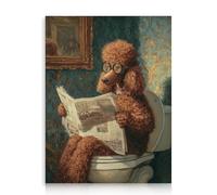 Dazzlewall Décoration Murale de Salle de Bains Chien Vintage Drôle, Impression sur Toile de Caniche à Lunettes de Style Rétro Lisant le Journal sur Toilette 12x16 pouces sans Cadre