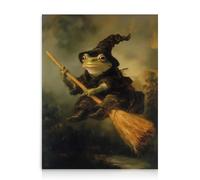 Dazzlewall Drôle Grenouille Murale Impression D’Art, Excentrique Grenouille Sorcière Chevauchant Un Balai Décoration Murale, Affiche Humoristique D’Halloween, 12x16 pouce Non Encadré