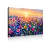 Dazzlewall Encadré Art Mural de Fleurs Sauvages Vibrantes, Impressions sur Toile de Champ de Fleurs au Levé du Soleil Coloré pour Chambre et Salon 12x16 pouces