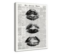 Dazzlewall Encadré Art Mural de Journal Vintage, Impressions sur Toile de Mode Moderne d'Empreinte de Lèvres Noir et Blanc pour Chambre de Jeune Fille et Salon 12x16 pouces