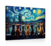 Dazzlewall Encadré Art Mural de Nuit Étoilée avec Chats, Impressions d'Art de Peinture à l'Huile de Chat Vintage Artistique pour Chambre et Salon 12x16 pouces