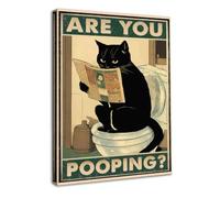 Dazzlewall Encadré Art Mural Marrant pour la Salle de Bain - Chat Noir, Panneau Are You Pooping Cat, Poster pour la Salle de Bain Chat Vintage Assis sur les Toilettes, Lisant le Journal 30x40 cm