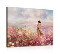 Dazzlewall Encadré Christian Wall Art, Jésus Embrasse L’Agneau Dans Le Champ de Fleurs Peinture Impression pour L’Église Chambre À Coucher Salle de Prière Décor 12x16 in