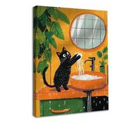 Dazzlewall Encadré Décoration Murale Boho Chat Noir Salle de Bain 30x40 cm | Déco murale animal drôle, chat noir éclaboussant, déco toilettes vert/orange, affiche vintage chat, cadeaux amoureux chats