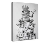 Dazzlewall Encadré Décoration Murale de Salle de Bains Grenouille Drôle, Affiche Mural sur Toile de Roi Grenouille à la Couronne Fantaisiste Noir et Blanc sur Tas de Papier Toilette 12x16 pouces