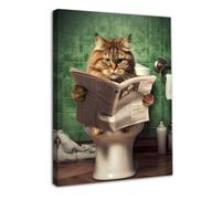 Dazzlewall Encadré Drôle Chat Art Mural Décor Chat Dans les Toilettes Lecture Journal, Art Mural Sur Toile Vintage Pour Salle de Bain Toilette Décor 12x16 po