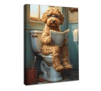 Dazzlewall Encadré Drôle Salle de Bain Art Mural Décor Chien Lecture Journal Sur les Toilettes, Chien Vintage Toile Art Mural Pour Toilette Salle de Bain Décor 12x16 po