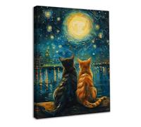 Dazzlewall Encadré Nuit Étoilée Avec des Chats Affiche D’Art Mural, Impression de Peinture À L’Huile de Chat Vintage pour Chambre À Coucher Salon Décor 12x16 in