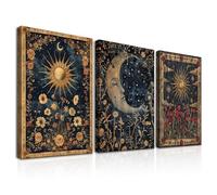 Dazzlewall Encadré Set de 3 Pièces de Décoration Murale Boho Gothique Vintage, Impressions sur Toile d'Occultisme Mystérieux Floral de Cartes Tarot de Soleil et de Lune 12x16 pouces