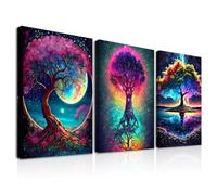 Dazzlewall Encadré Set de 3 Pièces de Décoration Murale d'Arbre de Vie Coloré, Impression de Peinture de Ciel Étoilé et de Lune Fantasy Colorée pour Chambre et Salon 12x16 pouces