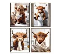 Dazzlewall Ensemble de 4 Illustrations Drôles de Vaches Highland, Imprimés sur Toile de Style Rustique pour la Décoration de Salle de Bain ou Toilettes 20x25 cm Sans Cadre