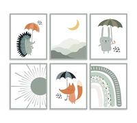 Dazzlewall Ensemble de 6 Œuvres Murales de Style Boho Vert Sauge pour Chambre d'Enfant des Lapins et Arcs-en-Ciel Mignons, Images pour la Décoration de Chambre de Jeune Enfant 20x25 cm Sans Cadre