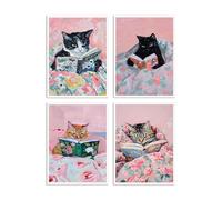 Dazzlewall Lot de 4 Posters Chats Lisant des Livres Vintage pour Bureau Décoration 20×25 cm Non Encadrés