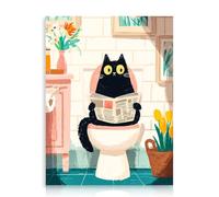 Dazzlewall Mignon Chat Art Mural Décor, Dessin Animé Chat Noir Lecture Journal Sur les Toilettes Oeuvre D’Art Imprimer Salle de Bain Animal Affiche Murale Peinture, 30x40 cm Sans Cadre