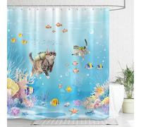 Dazzlewall Rideau de Douche Chat Plongeur 180x180cm, Rideaux de Douche Décoration Maritime à Récif Corallien, Tissu Polyester Imperméable Lavable pour Baignoire et Bain avec 12 Crochets