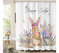 Dazzlewall Rideau de Douche Joyeuses Pâques pour Salle de Bain, Lapin de Pâques Œufs Fleurs Rideaux de Baignoire Imperméable Tissu avec 12 Crochets, 180 x 180 cm