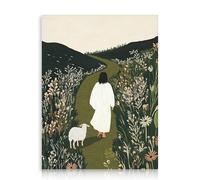 Dazzlewall Sage Vert Christian Art Mural Décor, Jésus & Agneau Marchant Dans le Champ Oeuvre Imprimer Religieuse Peinture Sur Toile pour Église Chambre Salle de Prière, 30x40 cm Sans Cadre