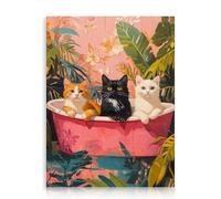 Dazzlewall Salle de Bain Chat Art Mural Affiche, Trois Chats Dans la Baignoire Feuilles Tropicales Impression Murale Impression Salle de Bain Feuilles Vertes Rose Photo, 30x40 cm Sans Cadre