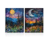 Dazzlewall Set de 2 Décoration Murale de Fleurs Sauvages Vintage, Impressions de Paysage Floral de Lune Pleine et Croissant 12x16 pouces sans Cadre