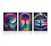 Dazzlewall Set de 3 Pièces de Décoration Murale d'Arbre de Vie Coloré, Impression de Peinture de Ciel Étoilé et de Lune Fantasy Colorée pour Chambre et Salon 12x16 pouces sans Cadre
