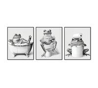 Dazzlewall Set de 3 Pièces de Décoration Murale de Salle de Bains Grenouille Drôle, Impressions d'Art Mural de Grenouille Humoristique Noir et Blanc 8x10 pouces sans Cadre