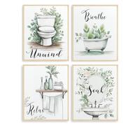 Dazzlewall Set de 4 Décoration Murale de Salle de Bains Végétale Minimaliste, Panneau Se Détendre, Tremper, Relaxer, Respirer avec Eucalyptus 8x10 pouces sans Cadre