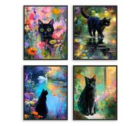 Dazzlewall Set de 4 Pièces de Décoration Murale de Chat Noir Mignon, Impressions d'Art de Chat Noir Fantasy Floral Coloré avec Sens Élégant pour Chambre et Salon 8x10 pouces sans Cadre