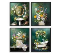 Dazzlewall Set de 4 Pièces de Décoration Murale de Salle de Bains Botanique, Images sur Toile d'Impressions de Baignoires, Lavabos et Douches Végétales Florales Vintage 8x10 pouces sans Cadre