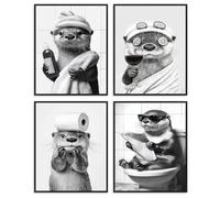 Dazzlewall Set de 4 Pièces de Décoration Murale de Salle de Bains Loutre Drôle, Impressions d'Art Mural de Loutre Mignon Rétro Noir et Blanc 8x10 pouces sans Cadre