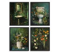 Dazzlewall Set de 4 Pièces de Décoration Murale de Salle de Bains Vert Foncé Vintage, Images sur Toile d'Impressions de Toilettes, Lavabos et Douches Florales 8x10 pouces sans Cadre