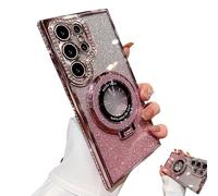 Dazzling Folding Bracket That Sparkles Case Cover for Samsung S Series Rhinestone Magnetic Bracket, High-Grade Electroplating, All-Inclusive Anti-Fall Mobile Phone Case (for S23 Ultra,Pink)