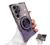 Dazzling Folding Bracket That Sparkles Case Cover for Samsung S Series Rhinestone Magnetic Bracket, High-Grade Electroplating, All-Inclusive Anti-Fall Mobile Phone Case (for S23 Ultra,Purple)