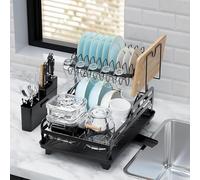 Dazzluxe Égouttoir À Vaisselle avec Égouttoir, Egouttoir À Vaisselle À 2 Niveaux pour Comptoir De Cuisine, Egouttoir À Vaisselle Pliable avec Porte-Ustensiles, Porte-Tasses Et Bec Pivotant, Noir