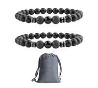 DAZZLUXE Lot de 2 bracelets de perles noires, 1 sac de rangement, bracelets de perles noires, bijoux pour homme, bracelets en agate lave, bracelets en perles de pierre de 8 mm, bracelets de perles