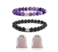 DAZZLUXE Lot de 2 bracelets en cristal, 2 sacs de rangement, bracelets en améthyste, bijoux en pierres précieuses, pierres d'améthyste naturelle, bracelets pour chat, améthyste