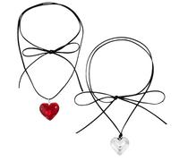 DAZZLUXE Lot de 2 colliers à pendentif en forme de cœur - Cadeau personnalisé - Collier pour femme - Collier réglable (argent, rouge), résine, corde