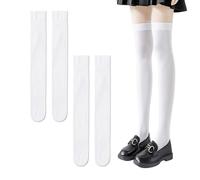 DAZZLUXE Lot de 2 paires de chaussettes blanches au-dessus du genou pour étudiant - Chaussettes sexy pour femme - Convient pour l'école, le quotidien, les fêtes (52 cm), Blanc., taille unique