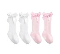 DAZZLUXE Lot de 2 paires de chaussettes pour bébé - Nœuds - Antidérapantes - Moelleuses - Volants - Couleur unie - Respirantes - En coton (blanc, rose), Blanc/rose