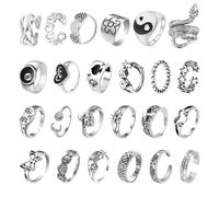 DAZZLUXE Lot de 24 bagues vintage, ensemble de bagues en argent, bagues unisexes ajustables, punk, gothique, serpents et cool bagues empilables