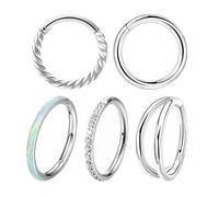 DAZZLUXE Lot de 5 anneaux de nez, à double charnière, anneaux de nez en zircone, anneaux rotatifs, anneaux de fermeture polyvalents, bijoux de piercing corporel (argenté), Acier inoxydable