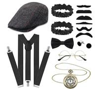 Dazzroi Ensemble d'accessoires de costume des années 1920 pour homme - Pour adulte - Roaring rétro des années 1920 - Costume Gatsby Gangster - Avec gilet Fedora - Montre de poche - Suspendeurs pour