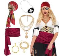 Dazzroi Lot de 6 accessoires de costume de pirate pour femme avec foulard, ceinture, boucles d'oreilles, cache-œil, collier et bracelet pour fête d'Halloween, mascarade