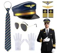 Dazzroi Lot de 7 accessoires de costume de pilote de capitaine, avec chapeau d'aviateur, lunettes de soleil, cravate et gants brooches, pour adultes, adolescents, capitaine, fête, cosplay