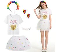 DAZZTIME Costume de Confettis pour Femme,5 pièces T-shirt Confettis Dans le Cœur,Costume de Carnaval,Serre-Tête avec Pompons Multicolores,pour Fêtes,Carnavals,Halloween Costumes