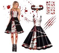 DAZZTIME Costume d'Halloween pour Femme,Nouvelle Robe d'halloween Robe Licou,Blanche avec T de Sang,Midi avec Imprimé Sanglant,pour Robes de Soirée,Pour les Carnavals,Carnavals et Soirées à Thème