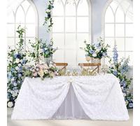 DazzWed Nappe Blanche 1 pièce 150 x 250 cm - Nappes rosaces 3D pour décoration de Table de Mariage, Anniversaire, Banquet en Satin avec Motif Floral en Relief