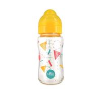 dBb Remond Biberon L.O -large ouverture- 240 ml en verre - Tétine NN -Nouveau-né- en silicone - Débit adapté à la succion de bébé - Fabriqué en France - Motif géométrique - système jaune