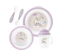 dBb Remond Coffret Repas Bébé - 5 Pièces : 1 Assiette & 1 Bol 250 ml à Bases Antidérapantes, 1 Tasse Anti-Fuites 210 ml, 1 Fourchette & 1 Cuillère - 1er âge, dès 6 Mois - Décor Licorne